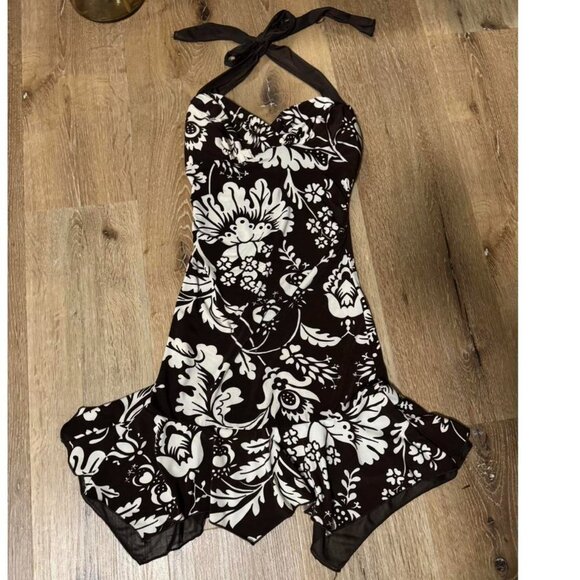 Y2K Vintage Hawaiian floral Mocha Mousse chocolate brown ruffle hem sz‎ S - Picture 3 of 4